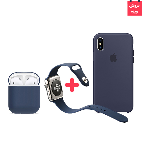 تصاویر قاب آیفون ایکس + کاور ایرپاد + بند اپل واچ سیلیکونی ست سرمه ای، تصاویر iPhone X Case + AirPod Case + Apple Watch Band Midnight Blue Set