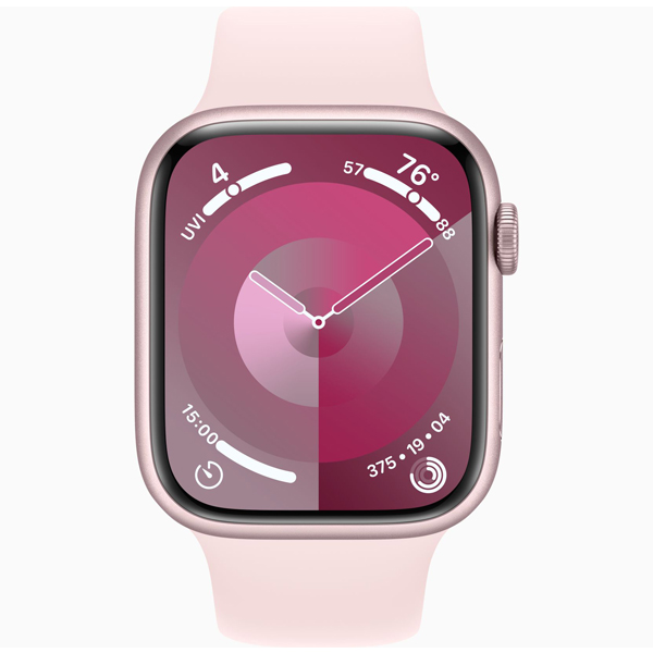 عکس ساعت اپل سری 9 بدنه آلومینیومی صورتی و بند اسپرت صورتی 45 میلیمتر، عکس Apple Watch Series 9 Pink Aluminum Case with Light Pink Sport Band 45mm