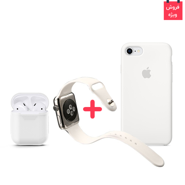 تصاویر قاب آیفون 8 + کاور ایرپاد + بند اپل واچ سیلیکونی ست سفید، تصاویر iPhone 8 Case + AirPod Case + Apple Watch Band Silicone White Set