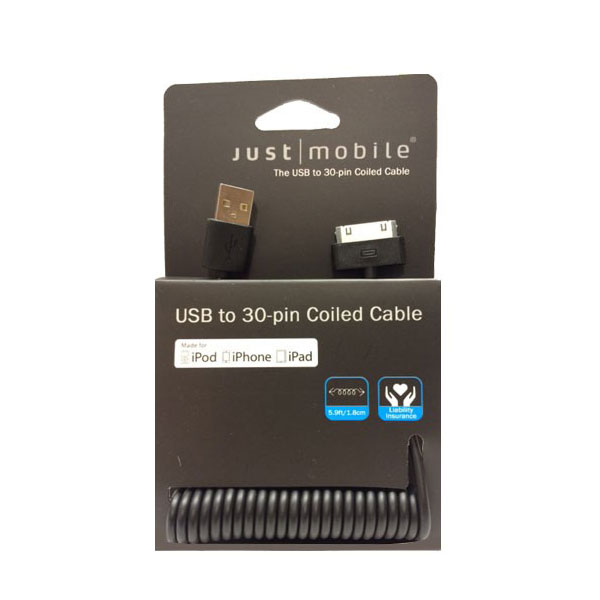 عکس JustMobile USB To 30Pin Coiled Cable (85mm)، عکس کابل 30-پین به یو اس بی جاست موبایل کوالید کابل