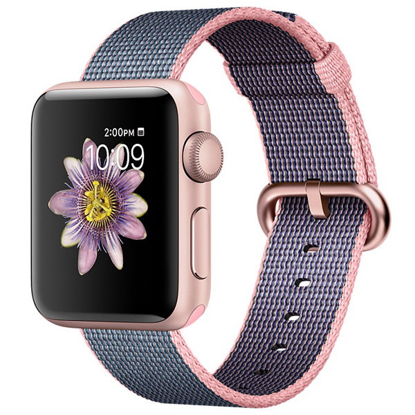 تصاویر ساعت اپل سری 2 سری 2 با بدنه آلومینیوم رز گلد و بند نایلون صورتی سورمه ای 42 میلیمتر، تصاویر Apple Watch Series 2 Series 2 Rose Gold Aluminum Case Light Pink/Midnight Blue Woven Nylon