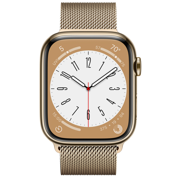 عکس ساعت اپل سری 8 سلولار Apple Watch Series 8 Cellular Gold Stainless Steel Case with Gold Milanese Loop 41mm، عکس ساعت اپل سری 8 سلولار بدنه استیل طلایی و بند استیل میلان طلایی 41 میلیمتر