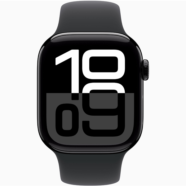 عکس ساعت اپل سری 10 بدنه آلومینیومی جت بلک و بند اسپرت مشکی 42 میلیمتر، عکس Apple Watch Series 10 Jet Black Aluminum Case with Black Sport Band 42mm