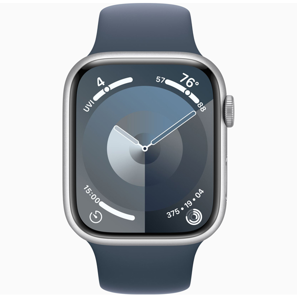 عکس ساعت اپل سری 9 بدنه آلومینیومی نقره ای و بند اسپرت آبی 45 میلیمتر، عکس Apple Watch Series 9 Silver Aluminum Case with Storm Blue Sport Band 45mm