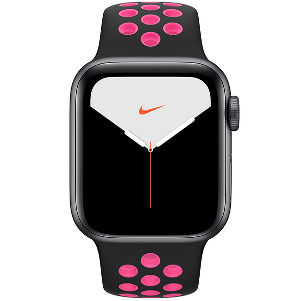 عکس ساعت اپل سری 5 نایکی پلاس Apple Watch Series 5 Nike + Space Gray Aluminum Case Black/Pink Blast with Nike Sport Band 44mm، عکس ساعت اپل سری 5 نایکی پلاس بدنه خاکستری و بند نایکی اسپرت مشکی صورتی 44 میلیمتر Black/Pink Blast