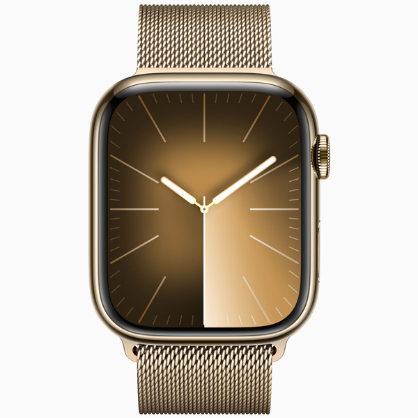 عکس ساعت اپل سری 9 سلولار Apple Watch Series 9 Cellular Gold Stainless Steel Case with Gold Milanese Loop 41mm، عکس ساعت اپل سری 9 سلولار بدنه استیل طلایی و بند استیل میلان طلایی 41 میلیمتر