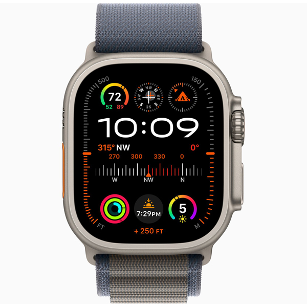 عکس ساعت اپل اولترا 2 بدنه تیتانیوم و بند آلپاین آبی، عکس Apple Watch Ultra 2 Titanium Case with Blue Alpine Loop