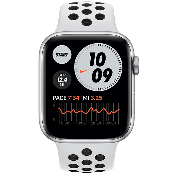 عکس ساعت اپل سری 6 نایکی Apple Watch Series 6 Nike Silver Aluminum Case with Pure Platinum/Black Nike Sport Band 44mm، عکس ساعت اپل سری 6 نایکی بدنه آلومینیم نقره ای و بند نایکی سفید و مشکی 44 میلیمتر