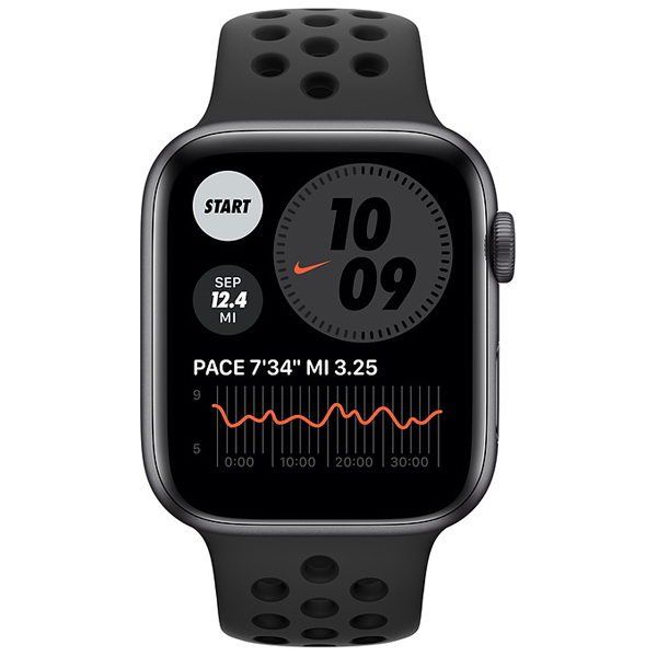 عکس ساعت اپل سری 6 نایکی بدنه آلومینیم خاکستری و بند نایکی مشکی 44 میلیمتر، عکس Apple Watch Series 6 Nike Space Gray Aluminum Case with Anthracite/Black Nike Sport Band 44mm