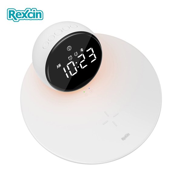 آلبوم Rexcin Night Light Wireless Charging Clock Bluetooth Speaker Rex-W17، آلبوم اسپیکر بلوتوثی، شارژر بی سیم و ساعت رومیزی رکسین مدل Rex-W17