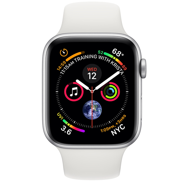 عکس ساعت اپل سری 4 سلولار Apple Watch Series 4 Cellular Silver Aluminum Case with White Sport Band 40mm، عکس ساعت اپل سری 4 سلولار بدنه آلومینیوم نقره ای و بند اسپرت سفید 40 میلیمتر