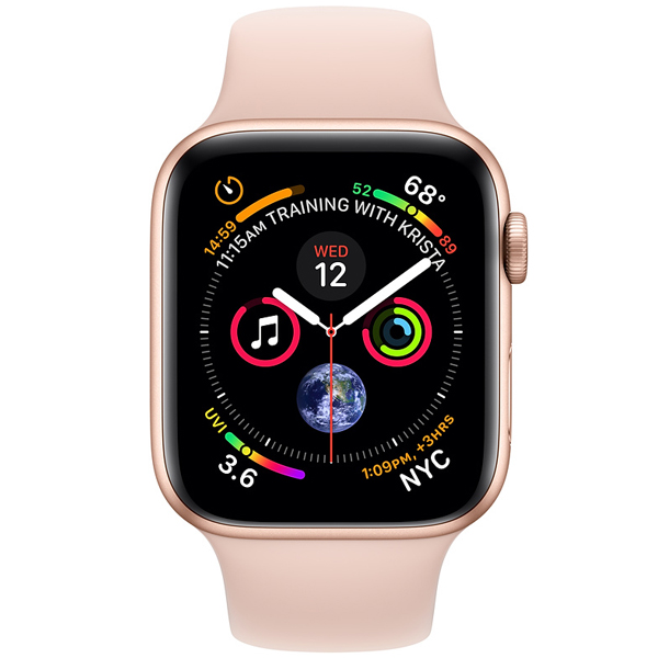 عکس ساعت اپل سری 4 سلولار Apple Watch Series 4 Cellular Gold Aluminum Case with Pink Sand Sport Band 44mm، عکس ساعت اپل سری 4 سلولار بدنه آلومینیوم طلایی و بند اسپرت صورتی 44 میلیمتر