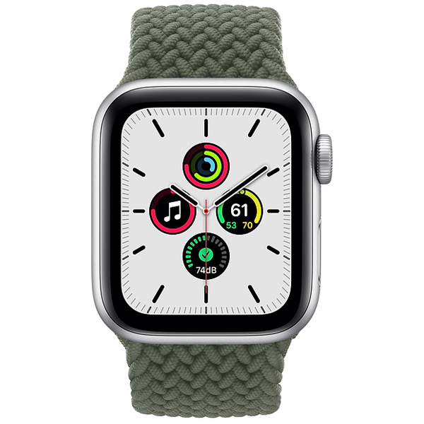 عکس ساعت اپل اس ای جی پی اس Apple Watch SE GPS Silver Aluminum Case with Inverness Green Braided Solo Loop، عکس ساعت اپل اس ای جی پی اس بدنه آلومینیم نقره ای و بند سولو لوپ بافته شده سبز