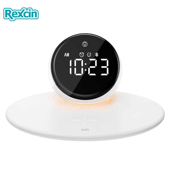 عکس اسپیکر بلوتوثی، شارژر بی سیم و ساعت رومیزی رکسین مدل Rex-W17، عکس Rexcin Night Light Wireless Charging Clock Bluetooth Speaker Rex-W17
