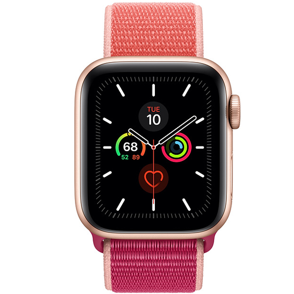 عکس ساعت اپل سری 5 جی پی اس Apple Watch Series 5 GPS Gold Aluminum Case with Pomegranate Sport Loop 44 mm، عکس ساعت اپل سری 5 جی پی اس بدنه آلومینیوم طلایی و بند اسپرت لوپ 44 میلیمتر Pomegranate