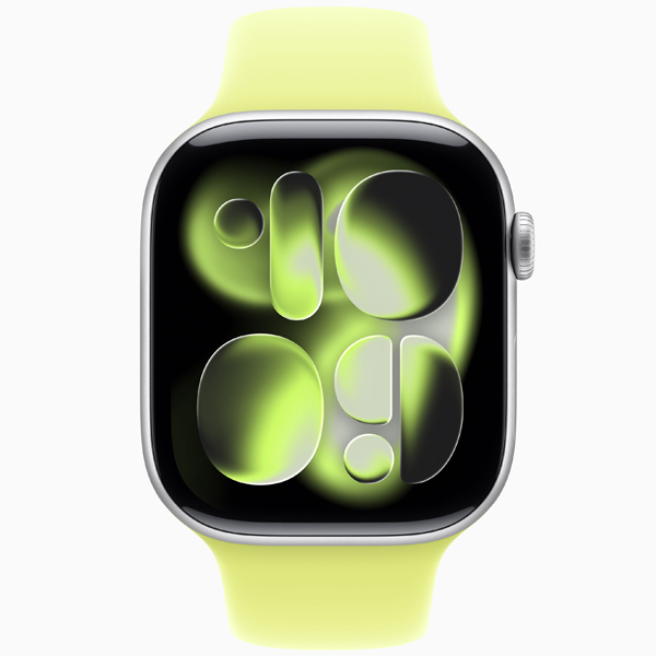 عکس ساعت اپل سری 11 Apple Watch Series 11 Silver Aluminum Case with Neon Yellow Band 42mm، عکس ساعت اپل سری 11 نقره ای و بند اسپرت زرد 42 میلیمتر