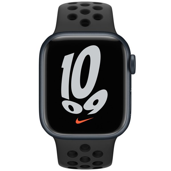 عکس ساعت اپل سری 7 نایکی بدنه آلومینیومی میدنایت و بند نایکی میدنایت 41 میلیمتر، عکس Apple Watch Series 7 Nike Midnight Aluminum Case with Anthracite/Black Nike Sport Band 41mm
