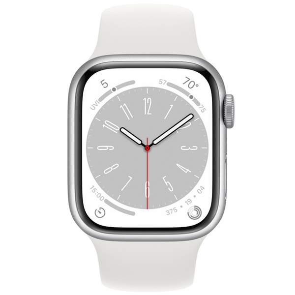 عکس ساعت اپل سری 8 بدنه آلومینیومی نقره ای و بند اسپرت سفید 45 میلیمتر، عکس Apple Watch Series 8 Silver Aluminum Case with White Sport Band 45mm