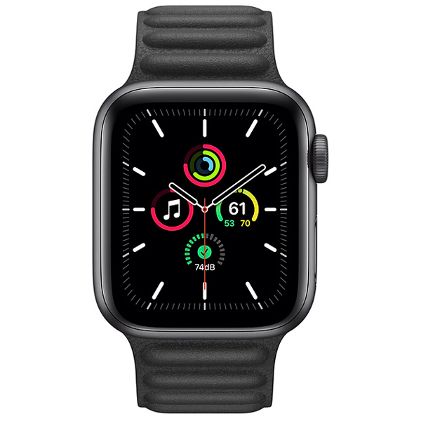 عکس ساعت اپل اس ای جی پی اس Apple Watch SE GPS Space Gray Aluminum Case with Black Leather Link، عکس ساعت اپل اس ای جی پی اس بدنه آلومینیم خاکستری و بند لینک چرمی مشکی