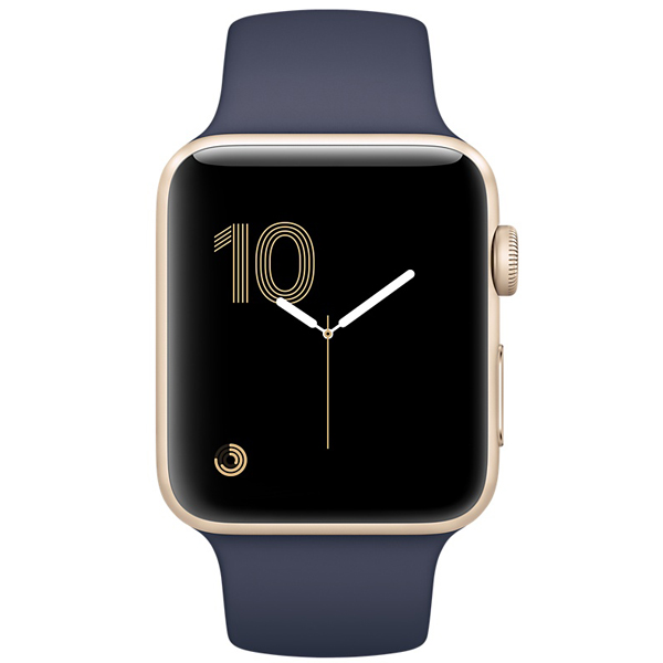 عکس ساعت اپل سری 2 Apple Watch Series 2 Gold Aluminum Case with Midnight Blue Sport Band 38 mm، عکس ساعت اپل سری 2 بدنه آلومینیوم طلایی و بند اسپرت سورمه ای 38 میلیمتر