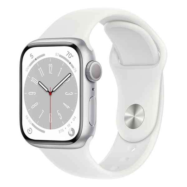 تصاویر ساعت اپل سری 8 بدنه آلومینیومی نقره ای و بند اسپرت سفید 41 میلیمتر، تصاویر Apple Watch Series 8 Silver Aluminum Case with White Sport Band 41mm