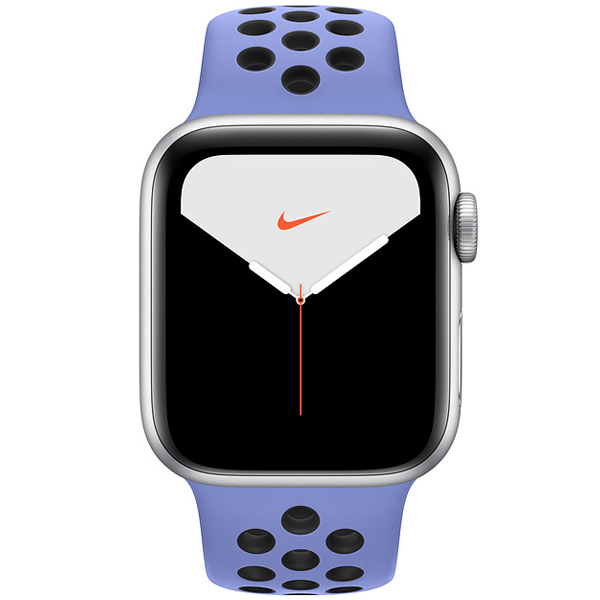 عکس ساعت اپل سری 5 نایکی پلاس Apple Watch Series 5 Nike + Silver Aluminum Case with Royal Pulse/Black Nike Sport Band 40mm، عکس ساعت اپل سری 5 نایکی پلاس بدنه نقره ای و بند نایکی اسپرت بنفش 40 میلیمتر Royal Pulse/Black