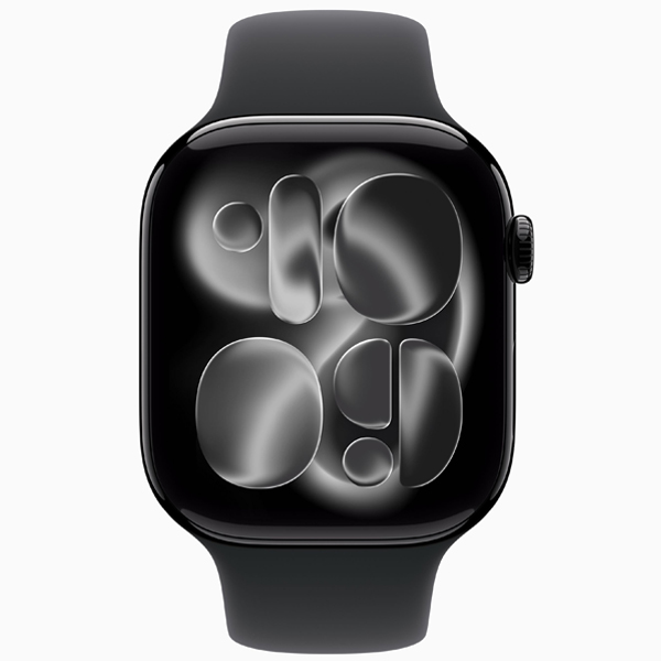 عکس ساعت اپل سری 11 مشکی و بند اسپرت مشکی 46 میلیمتر، عکس Apple Watch Series 11 jet Black Aluminum Case with Black Sport Band 46mm