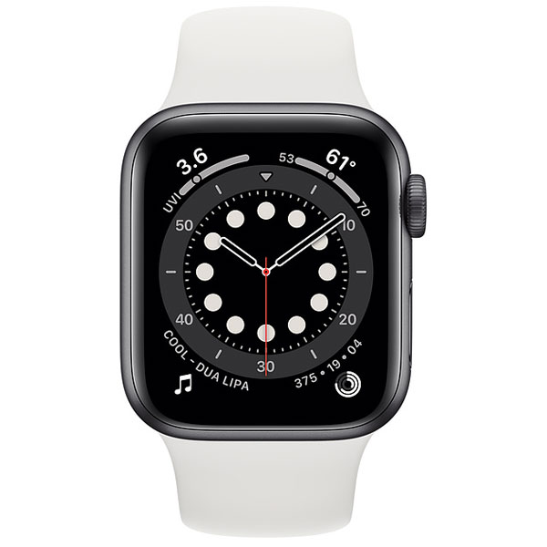 عکس ساعت اپل سری 6 جی پی اس Apple Watch Series 6 GPS Space Gray Aluminum Case with White Sport Band 44mm، عکس ساعت اپل سری 6 جی پی اس بدنه آلومینیم خاکستری و بند اسپرت سفید 44 میلیمتر