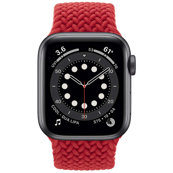 عکس ساعت اپل سری 6 جی پی اس بدنه آلومینیم خاکستری و بند سولو لوپ بافته شده قرمز 44 میلیمتر، عکس Apple Watch Series 6 GPS Space Gray Aluminum Case with RED Braided Solo Loop 44mm