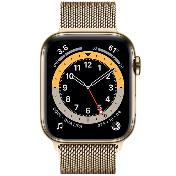 عکس ساعت اپل سری 6 سلولار Apple Watch Series 6 Cellular Gold Stainless Steel Case with Gold Milanese Loop Band 44mm، عکس ساعت اپل سری 6 سلولار بدنه استیل طلایی و بند استیل میلان طلایی 44 میلیمتر