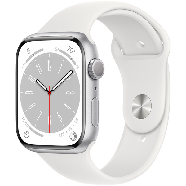 Apple Watch Series 8 Silver Aluminum Case with White Sport Band 45mm، ساعت اپل سری 8 بدنه آلومینیومی نقره ای و بند اسپرت سفید 45 میلیمتر