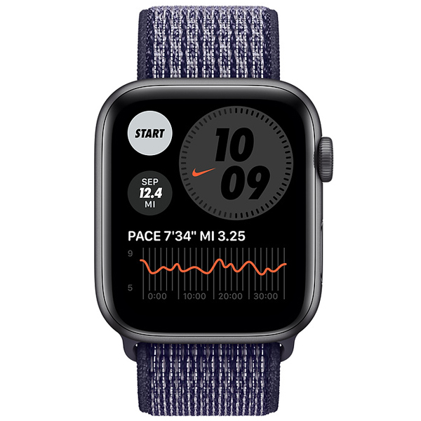 عکس ساعت اپل اس ای نایکی Apple Watch SE Nike Space Gray Aluminum Case with Purple Pulse Nike Sport Loop 44mm، عکس ساعت اپل اس ای نایکی بدنه آلومینیم خاکستری و بند نایکی اسپرت لوپ بنفش 44 میلیمتر