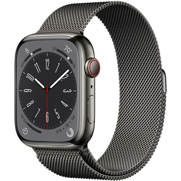 Apple Watch Series 8 Cellular Graphite Stainless Steel Case with Graphite Milanese Loop 45mm، ساعت اپل سری 8 سلولار بدنه استیل خاکستری و بند استیل میلان خاکستری 45 میلیمتر