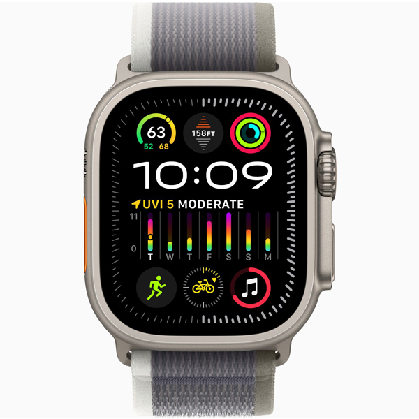 عکس ساعت اپل اولترا 2 Apple Watch Ultra 2 Titanium Case with Green/Gray Trail Loop، عکس ساعت اپل اولترا 2 بدنه تیتانیوم و بند تریل سبز/خاکستری
