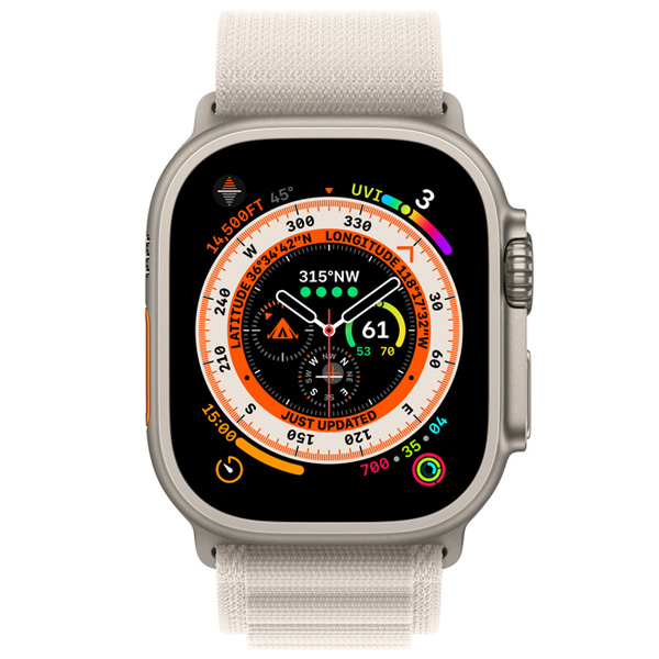 عکس ساعت اپل اولترا بدنه تیتانیوم و بند آلپاین استارلایت، عکس Apple Watch Ultra Titanium Case with Starlight Alpine Loop
