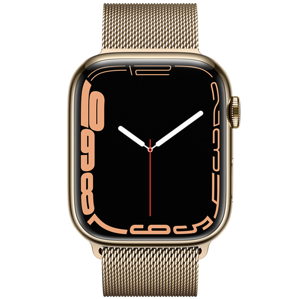 عکس ساعت اپل سری 7 سلولار Apple Watch Series 7 Cellular Gold Stainless Steel Case with Gold Milanese Loop 45mm، عکس ساعت اپل سری 7 سلولار بدنه استیل طلایی با بند استیل میلان طلایی 45 میلیمتر