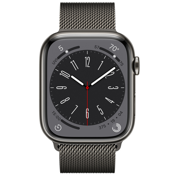 عکس ساعت اپل سری 8 سلولار بدنه استیل خاکستری و بند استیل میلان خاکستری 41 میلیمتر، عکس Apple Watch Series 8 Cellular Graphite Stainless Steel Case with Graphite Milanese Loop 41mm
