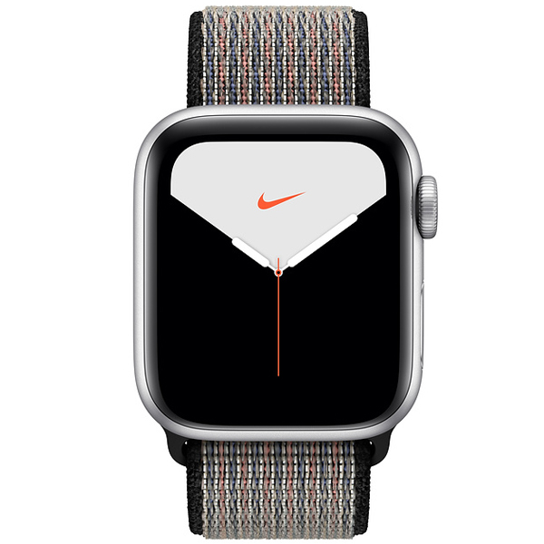 عکس ساعت اپل سری 5 نایکی پلاس Apple Watch Series 5 Nike + Silver Aluminum Case with Royal Pulse/Lava Glow Nike Sport Loop 44mm، عکس ساعت اپل سری 5 نایکی پلاس بدنه نقره ای و بند نایکی اسپرت لوپ 44 میلیمتر Royal Pulse/Lava Glow