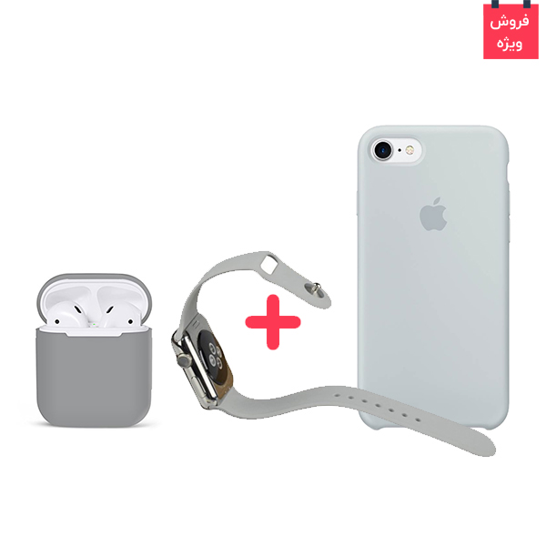 تصاویر قاب آیفون 8 + کاور ایرپاد + بند اپل واچ سیلیکونی ست طوسی، تصاویر iPhone 8 Case + AirPod Case + Apple Watch Band Silicone Gray Set