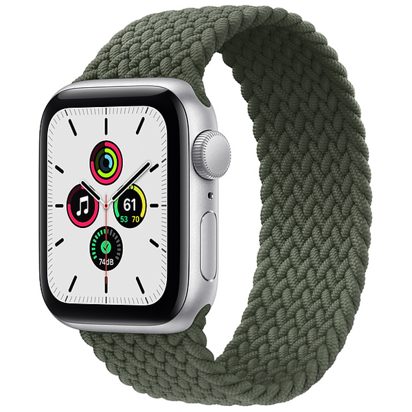 تصاویر ساعت اپل اس ای جی پی اس بدنه آلومینیم نقره ای و بند سولو لوپ بافته شده سبز، تصاویر Apple Watch SE GPS Silver Aluminum Case with Inverness Green Braided Solo Loop