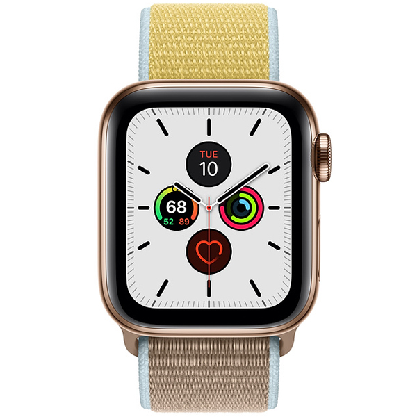 عکس ساعت اپل سری 5 سلولار Apple Watch Series 5 Cellular Gold Stainless Steel Case with Camel Sport Loop 40 mm، عکس ساعت اپل سری 5 سلولار بدنه استیل طلایی و بند اسپرت لوپ 40 میلیمتر Camel