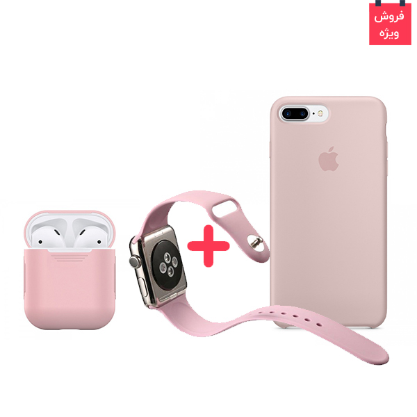 تصاویر قاب آیفون 8 پلاس + کاور ایرپاد + بند اپل واچ سیلیکونی ست صورتی، تصاویر iPhone 8 Plus Case + AirPod Case + Apple Watch Band Silicone Pink Set