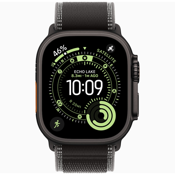 عکس ساعت اپل اولترا 3 بدنه تیتانیوم مشکی و بند مشکی تریل، عکس Apple Watch Ultra 3 Black Titanium Case with Black Charcoal Trail Loop