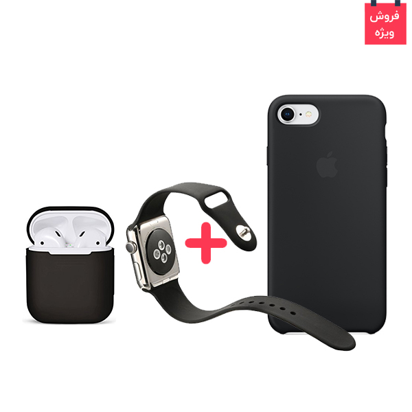 تصاویر قاب آیفون 8 + کاور ایرپاد + بند اپل واچ سیلیکونی ست مشکی، تصاویر iPhone 8 Case + AirPod Case + Apple Watch Band Silicone Black Set