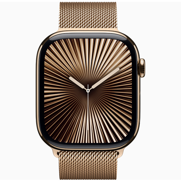 عکس ساعت اپل سری 10 سلولار Apple Watch Series 10 Cellular Gold Titanium Case with Gold Milanese Loop 46mm، عکس ساعت اپل سری 10 سلولار بدنه تیتانیوم طلایی و بند میلان طلایی 46 میلیمتر