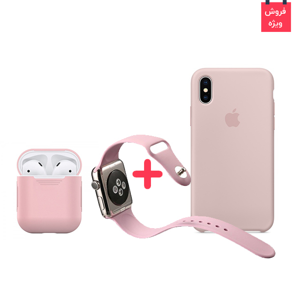 تصاویر قاب آیفون ایکس + کاور ایرپاد + بند اپل واچ سیلیکونی ست صورتی، تصاویر iPhone X Case + AirPod Case + Apple Watch Band Silicone Pink Set