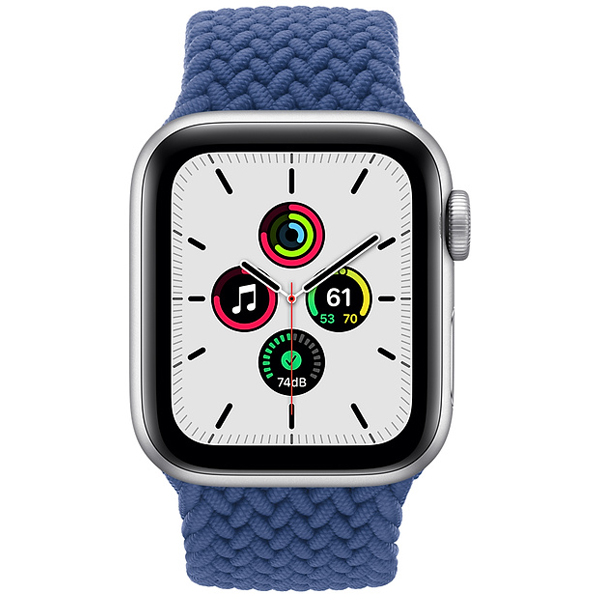 عکس ساعت اپل اس ای جی پی اس Apple Watch SE GPS Silver Aluminum Case with Atlantic Blue Braided Solo Loop، عکس ساعت اپل اس ای جی پی اس بدنه آلومینیم نقره ای و بند سولو لوپ بافته شده آبی