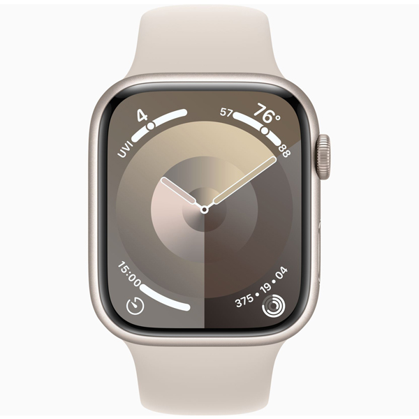 عکس ساعت اپل سری 9 بدنه آلومینیومی استارلایت و بند اسپرت استارلایت 41 میلیمتر، عکس Apple Watch Series 9 Starlight Aluminum Case with Starlight Sport Band 41mm