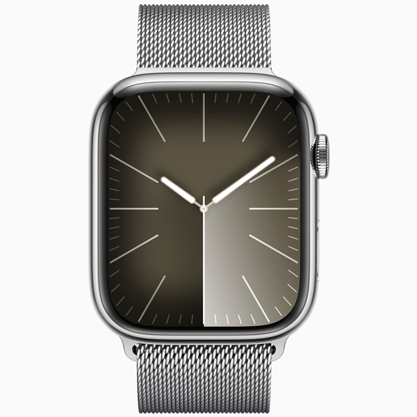 عکس ساعت اپل سری 9 سلولار Apple Watch Series 9 Cellular Silver Stainless Steel Case with Silver Milanese Loop 41mm، عکس ساعت اپل سری 9 سلولار بدنه استیل نقره ای و بند استیل میلان نقره ای 41 میلیمتر