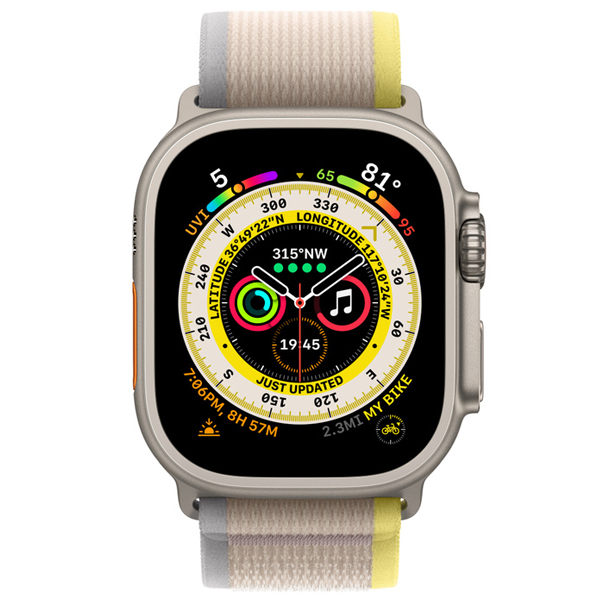 عکس ساعت اپل اولترا Apple Watch Ultra Titanium Case with Yellow/Beige Trail Loop، عکس ساعت اپل اولترا بدنه تیتانیوم و بند تریل زرد و بژ